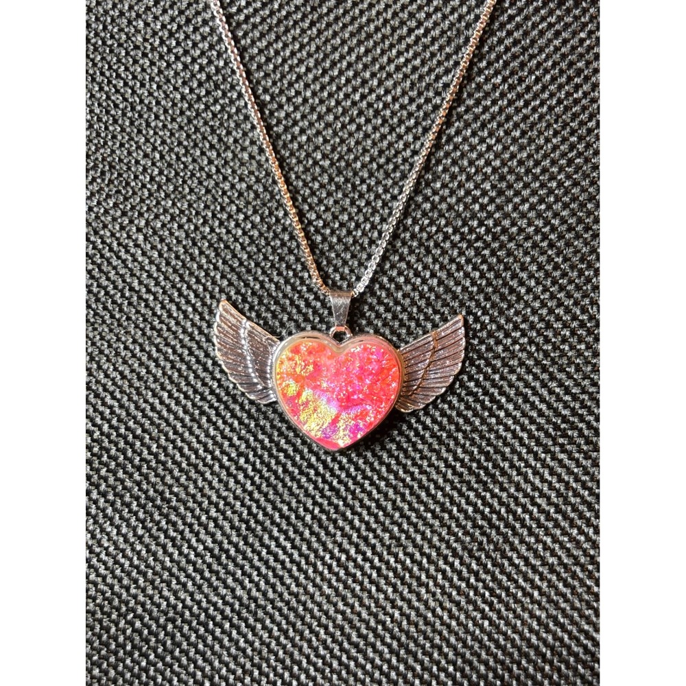 Pink Druzy Heart Angel Wing Necklace Silver Tone Stainless Steel Box Chain